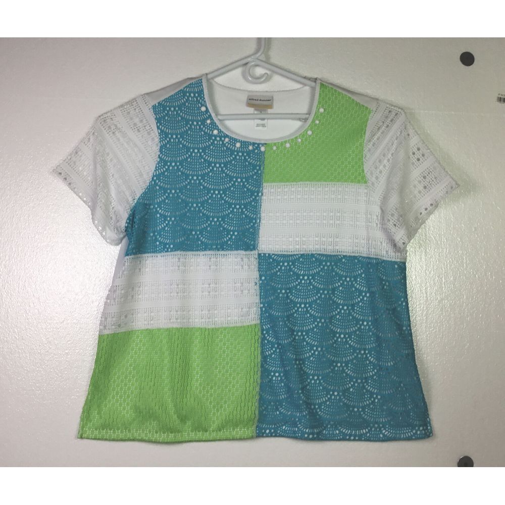 Alfred Dunner Womens Blouse Size 1X Block Print White Lace rhinestones turquoise